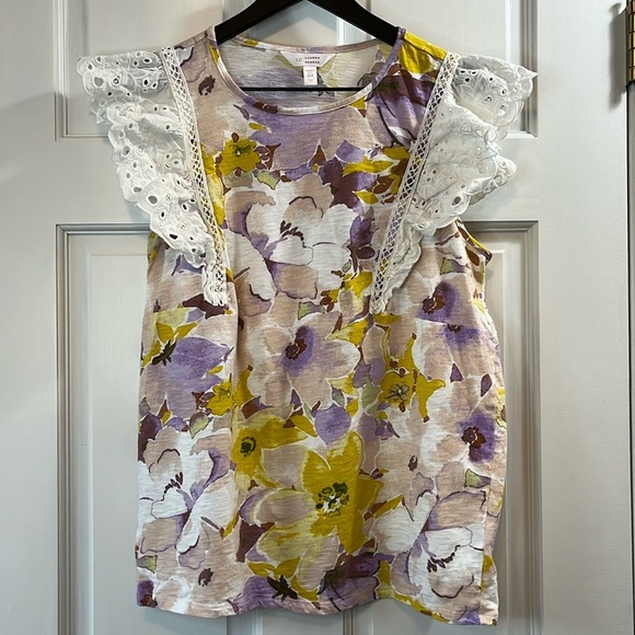 Lauren Conrad Floral Watercolor Eyelet Flutter Sleeve - Size 0X - Picture 1 of 8